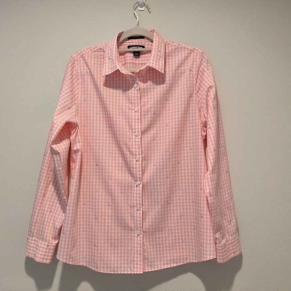 Lands End Pink Gingham with Polka Dots Button Down Shirt Size 12